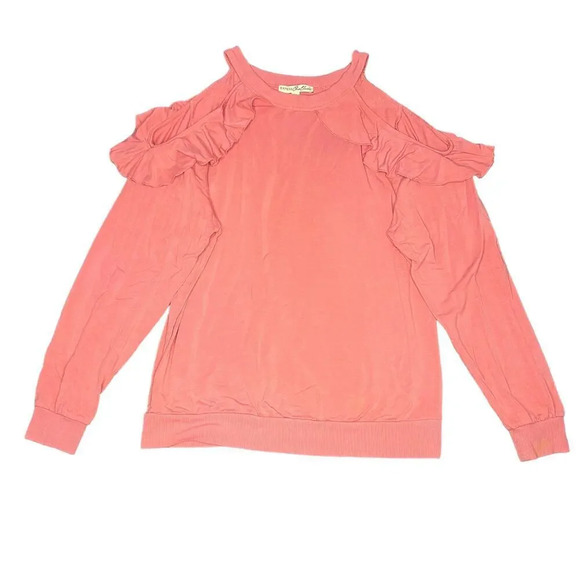 Express Women's XS Pink Ruffle Cold Shoulder Long Sleeve Casual Spring Blouse - Picture 2 of 4